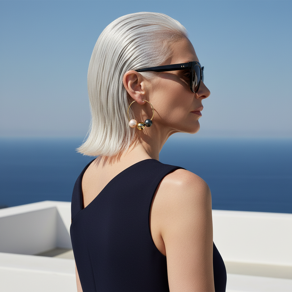 ABAQUE EAR-INGS Editorial - Longer Bob, Hoop Through Earlobe