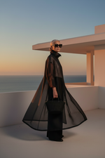 Load image into Gallery viewer, Black organza jacket with gathering detail and architectural bag
