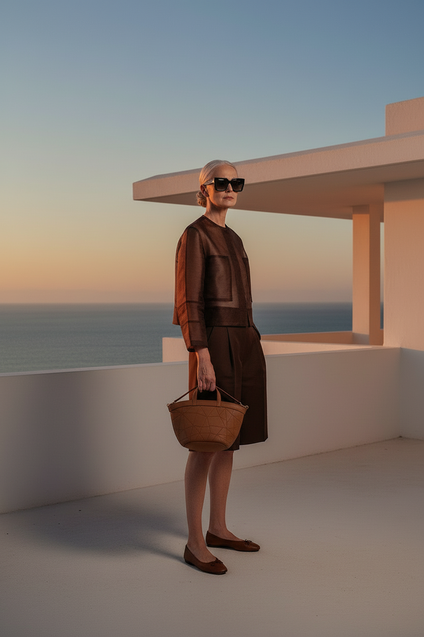 Cropped chocolate brown organza navigation jacket with karate shorts