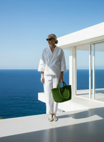 Load image into Gallery viewer, White Denim Judo Set with Visible Weed Green Bag and Gold Shoes
